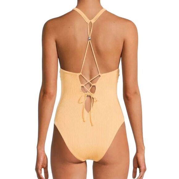 NWT Yellow Ribbed Lace Up One Piece Swimsuit Large - Picture 2 of 4